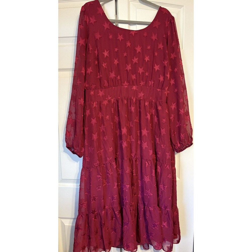 Torrid Midi Clip Dot Chiffon Tiered Dress Red Size 2 (18-20)